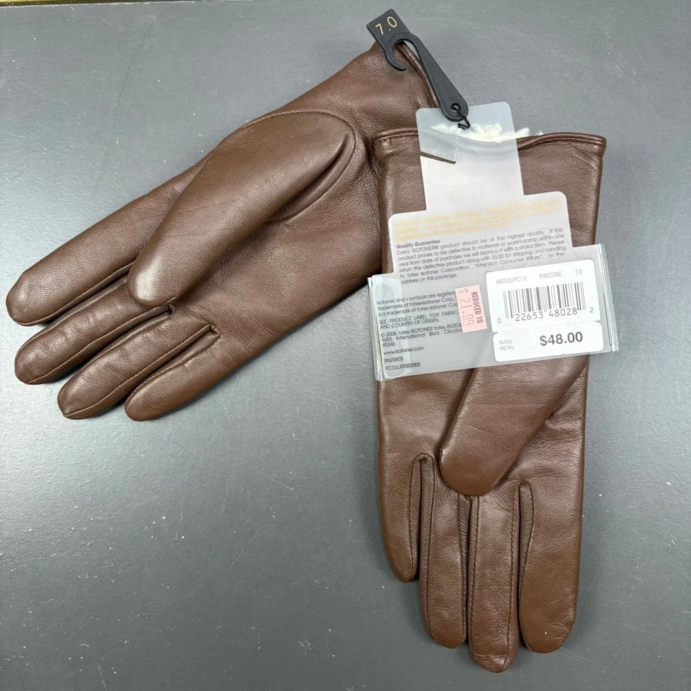 Isotoner Leather SherpaSoft Gloves Brown Pinecone A803J2 Size 7.0 NWT - Picture 2 of 2